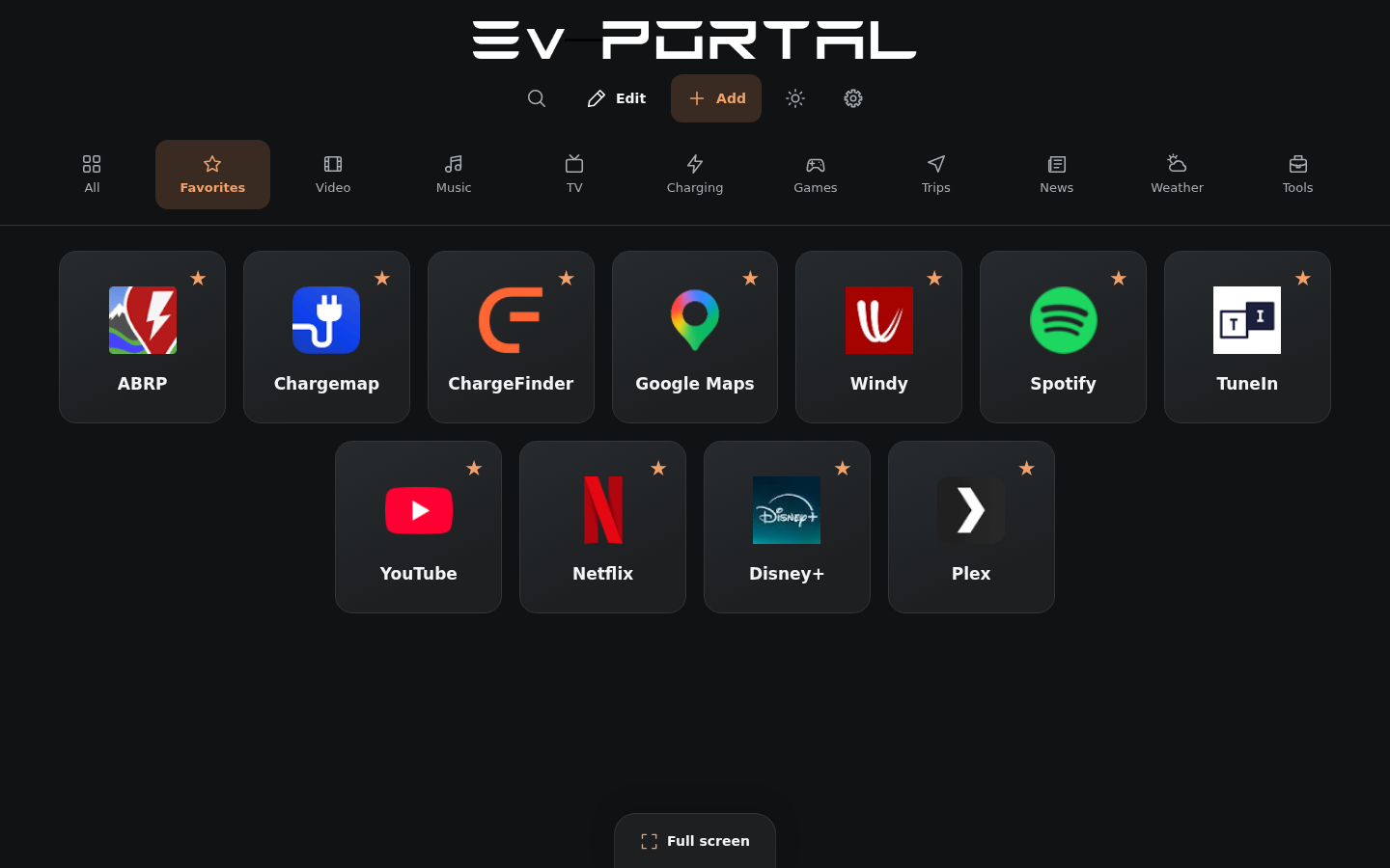 Captura do EvPortal em inglês com uma seleção de favoritos de demonstração.